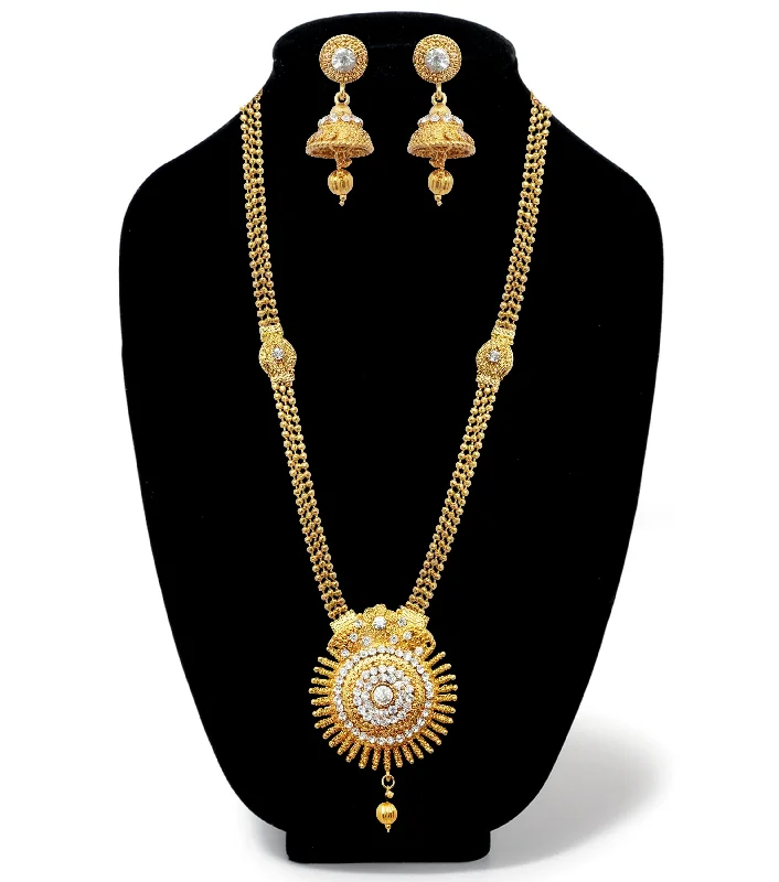 women’s anniversary necklace-Kriaa Gold Plated White Austrian Stone Long Haram Necklace Set - 1107904A