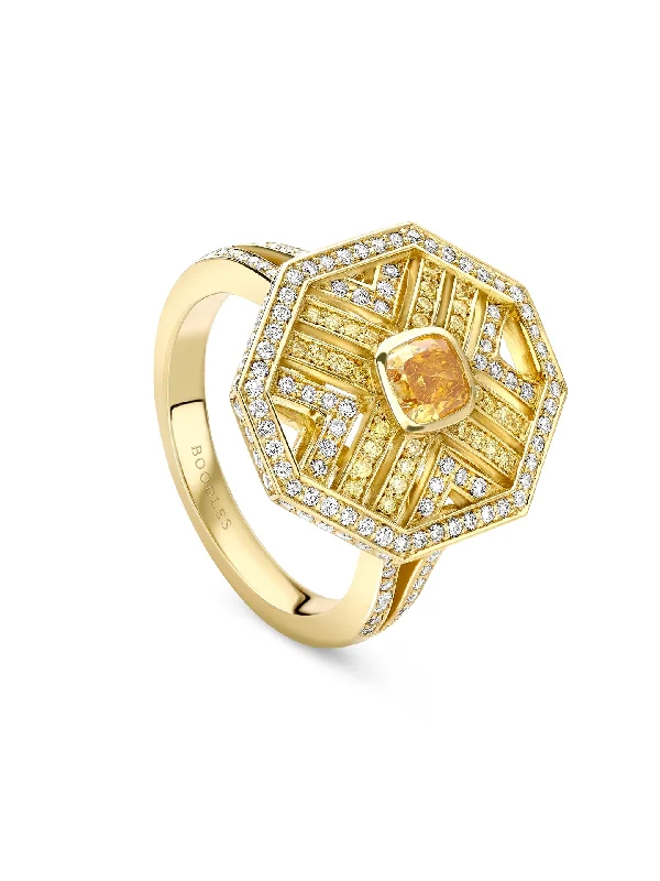 women’s statement cocktail ring-Fifth Avenue Cushion Yellow Diamond Yellow Gold Ring