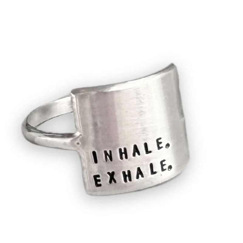 women’s luxury engagement ring-Inhale. Exhale. - Handmade Silver Message Ring