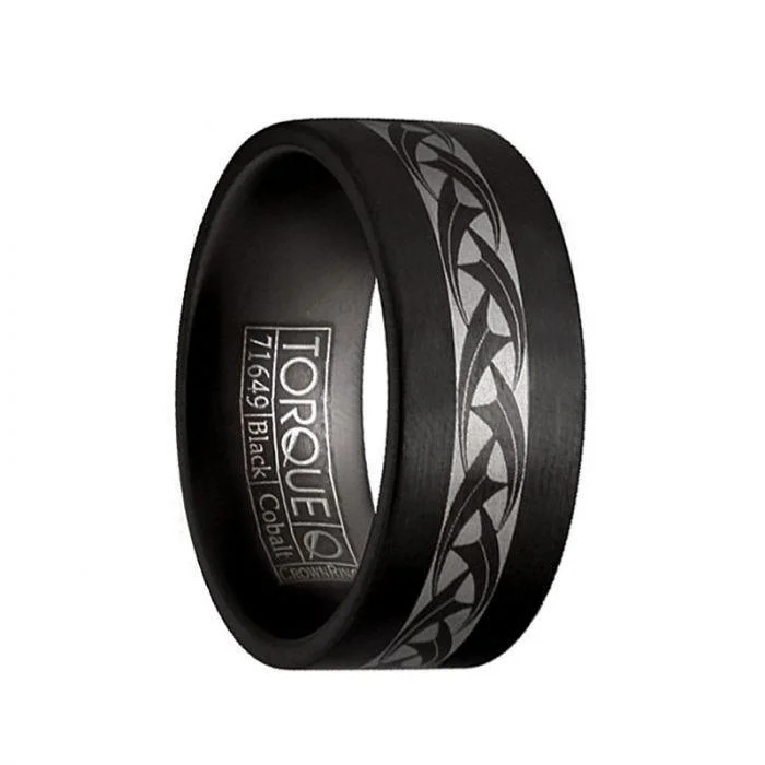 women’s designer engagement rings-Laser Design Torque Black Cobalt Men’s Flat Wedding Band Brushed Finish - 9 mm