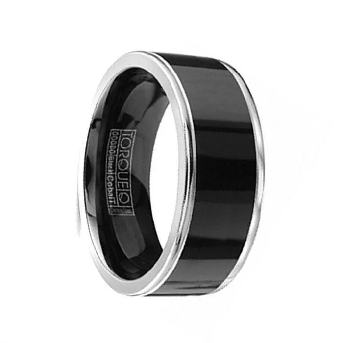 women’s platinum engagement rings-TINGLE Torque Black Cobalt Flat Wedding Band Polished Finish Dual Grooved Edges - 9 mm