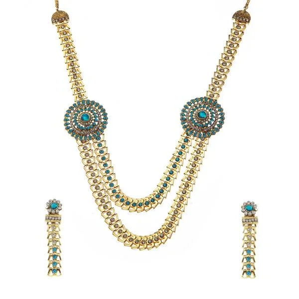 women’s long chain necklace-Tip Top Fashions Blue Austrian Stone Gold Plated Necklace Set - 1106301B