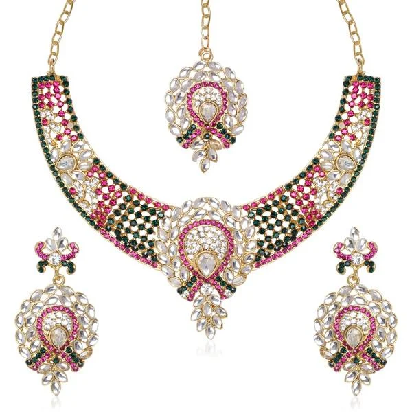 women’s diamond necklace-Kriaa Green & Pink Austrian Stone Gold Plated Necklace Set With Maang Tikka