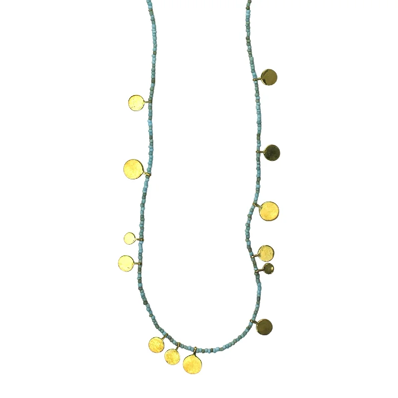 women’s solitaire necklace-Necklace, Brass Tabs on Teal Beads