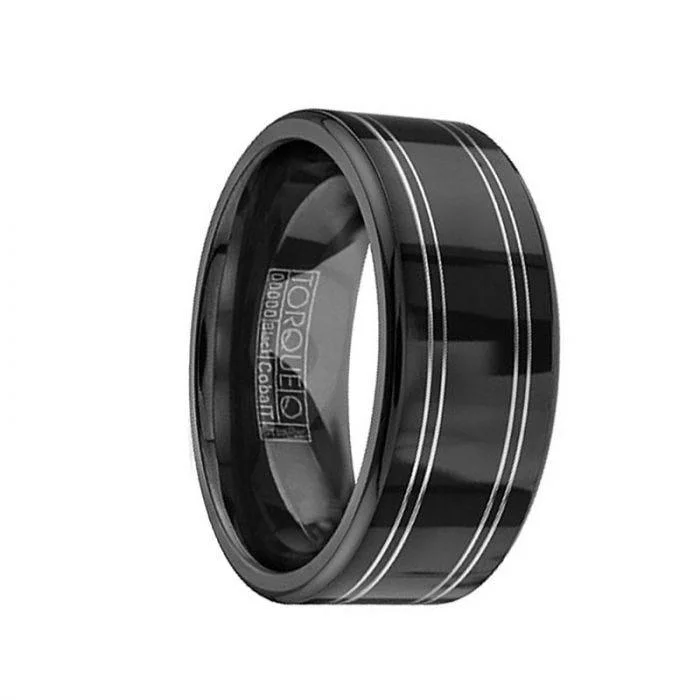 women’s engagement rings-VAAN Torque Black Cobalt Flat Wedding Band Polished Finish Dual Edge Laser Design - 9 mm