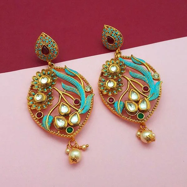 women’s bold earrings-Nikita Arts Gold Plated Stone And Blue Meenakari Copper Matte Dangler Earrings - 1313123A