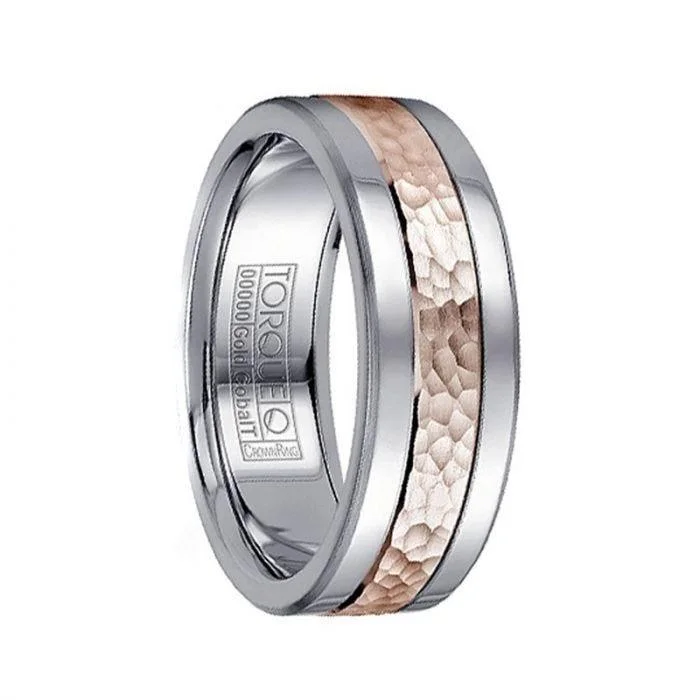 women’s ruby engagement rings-Dual Grooved Polished Cobalt Men’s Wedding Band with Hammered 14k Rose Gold Inlay - 7.5mm