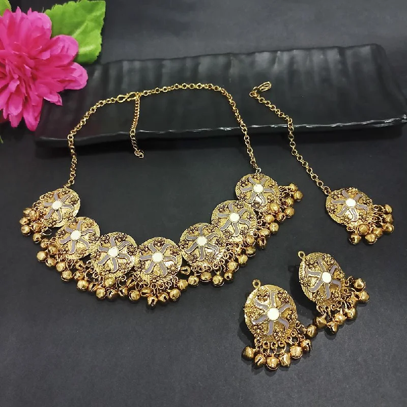 women’s eternity necklace-Kriaa Gold Plated Grey Meenakari Necklace Set With Maang Tikka - 1116023J