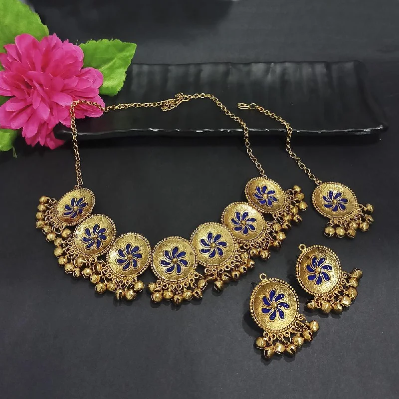 women’s initial necklace-Kriaa Gold Plated Blue Meenakari Necklace Set With Maang Tikka - 1116020E