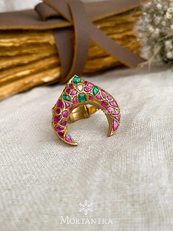 women’s zircon ring-Multicolor Gold Plated Thappa Jadau Kundan Ring - TJ-R18M