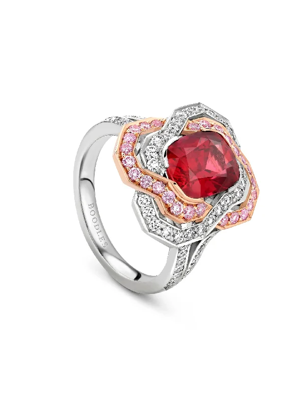 women’s adjustable gemstone ring-Pavilion Cushion Ruby Platinum and Rose Gold Ring