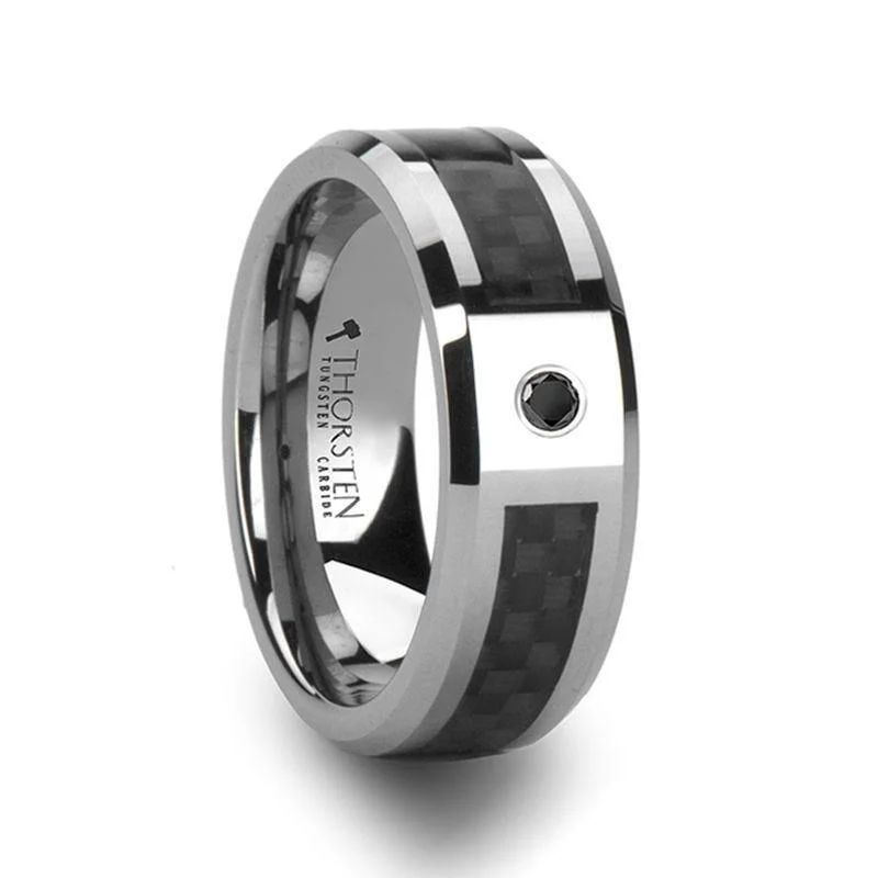 women’s matching engagement rings-BENTLEY Tungsten Wedding Band with Black Carbon Fiber and Black Diamond Setting - 8mm