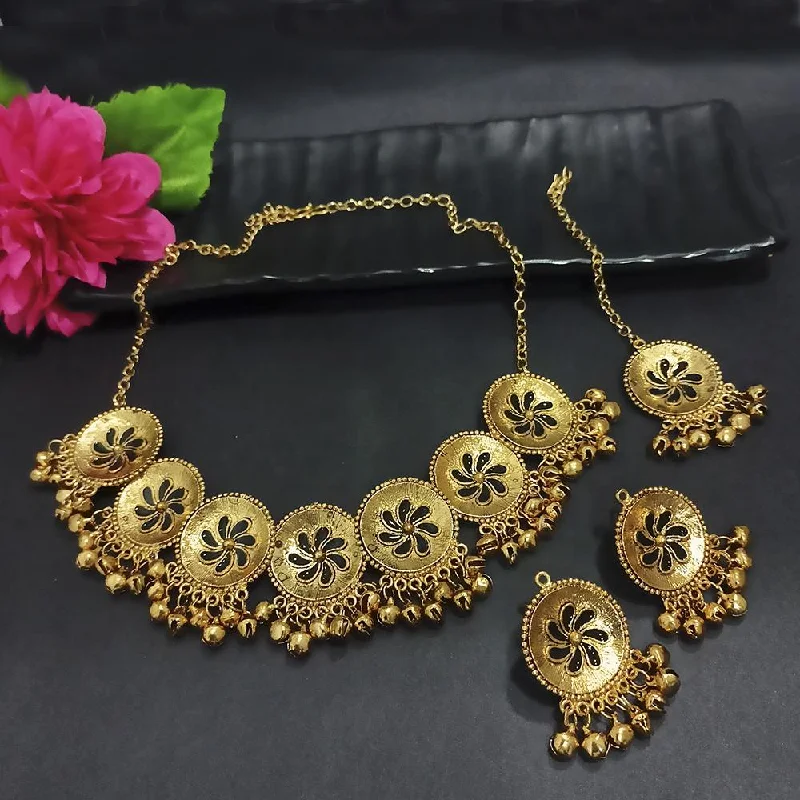 women’s chunky necklace-Kriaa Gold Plated Black Meenakari Necklace Set With Maang Tikka - 1116020H