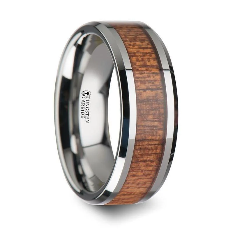 women’s classic diamond engagement rings-CONGO Tungsten Wedding Band with Polished Bevels and African Sapele Wood Inlay - 6mm - 10mm