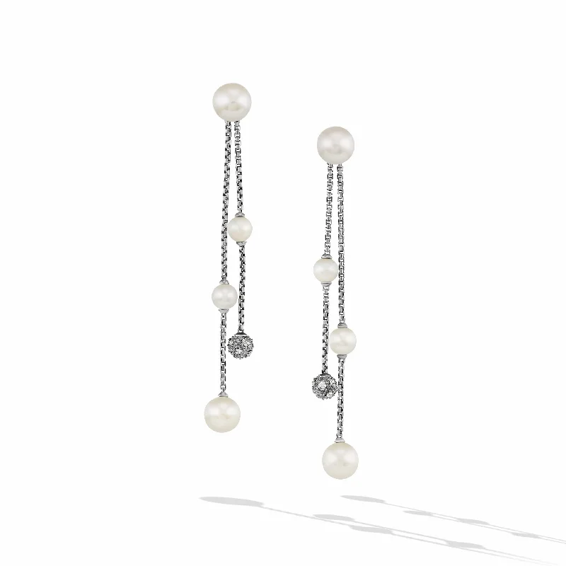 women’s vintage gold earrings-Pearl and Pave Row Drop Earrings in Sterling Silver with Diamonds