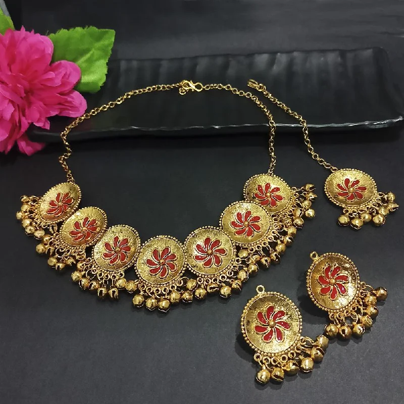 women’s rose gold necklace-Kriaa Gold Plated Red Meenakari Necklace Set With Maang Tikka - 1116020A