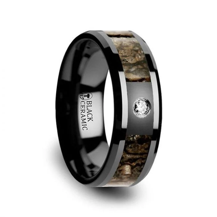 women’s handcrafted engagement rings-Brown Dinosaur Bone Inlaid Black Ceramic Diamond Wedding Band with Beveled Edges - 8mm