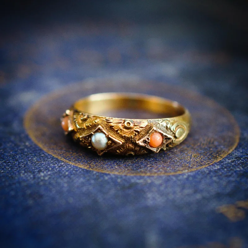 women’s retro ring-Rare Precious Date 1875 Etruscan Revival Coral & Pearl Ring