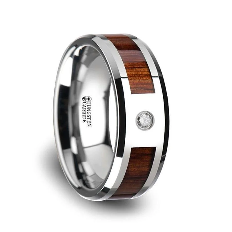 women’s white diamond engagement rings-KAHUNA Tungsten Carbide Beveled Edged Diamond Wedding Band with Koa Wood Inlay & Polished Edges - 8mm