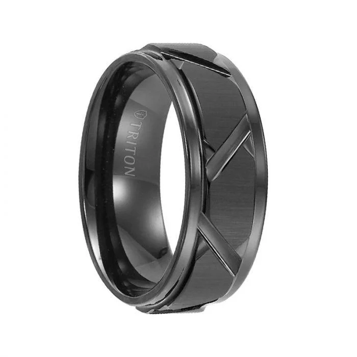 women’s heirloom diamond engagement rings-KEEGAN Step Edge Black Tungsten Carbide Comfort Fit Wedding Band with Vertical Satin Finish and Bright Edges and Diagonal Cuts by Triton Rings - 8 mm