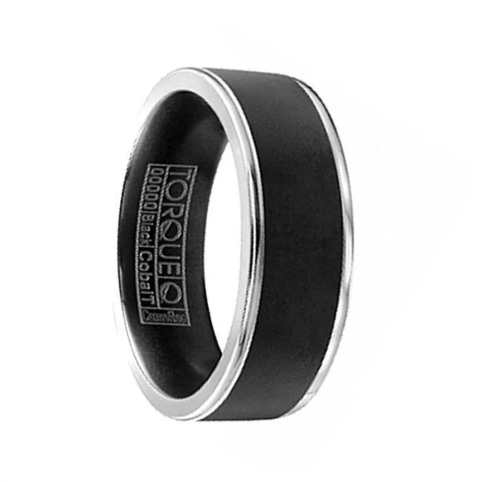 women’s artistic engagement rings-KANJI Torque Black Cobalt Flat Wedding Band Matte Finish Dual Grooved Edges - 7 mm