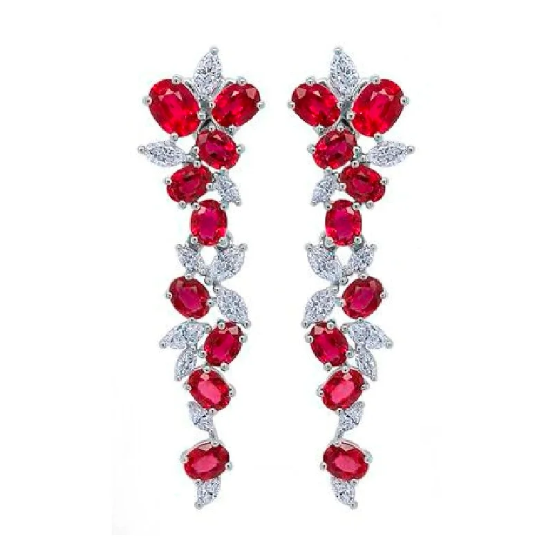 women’s art deco earrings-Ruby & Diamond Cluster Dangle Earrings