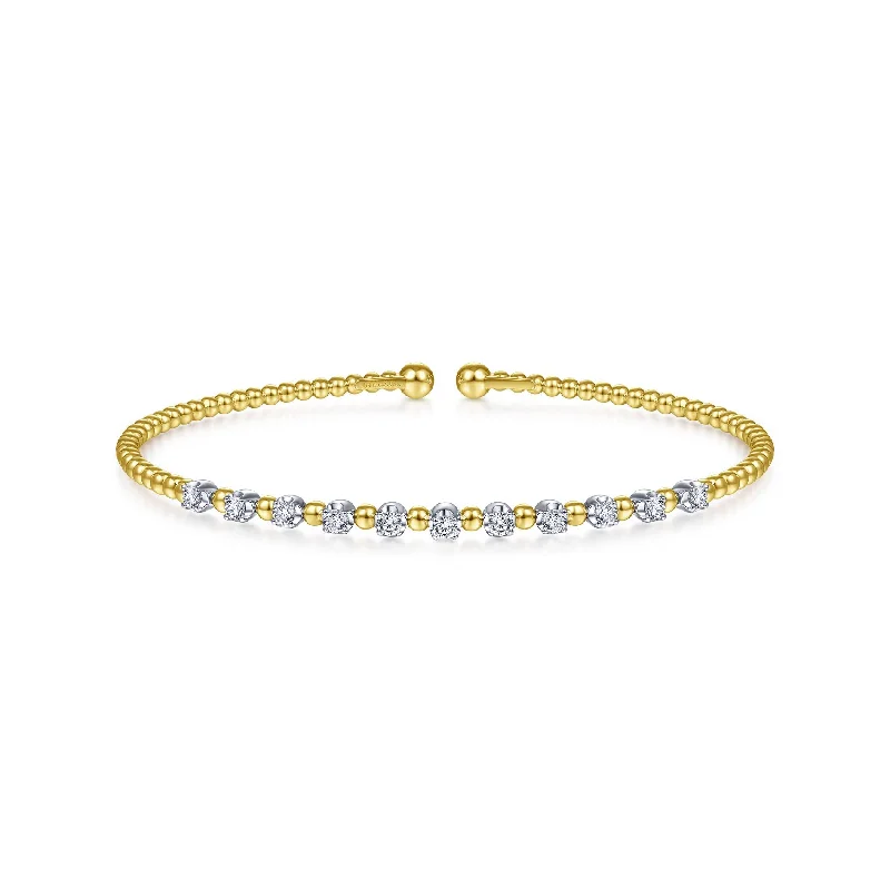 women’s chunky bracelet-14K White & Yellow Gold Diamond Beaded Open Cuff Bangle