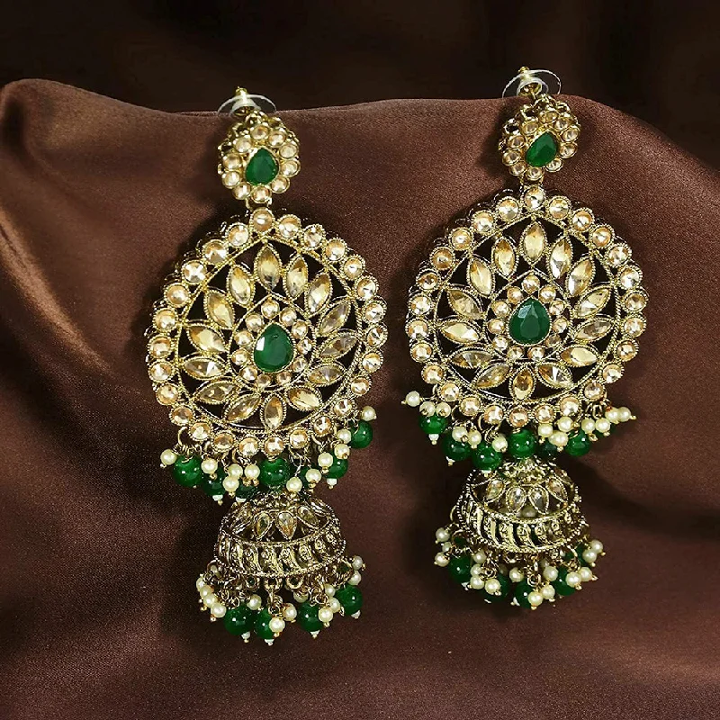 women’s diamond hoop earrings-EtnicoWomen's Traditional Gold Plated with Stunning Antique Finish Kundan and Pearl Jhumka Earrings; Green (E2863G)