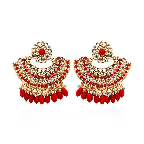 women’s long earrings-Kriaa Red Kundan Stone Gold Plated Dangler Earrings