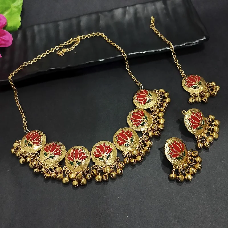 women’s crystal necklace-Kriaa Gold Plated Red Meenakari Necklace Set With Maang Tikka - 1116022A