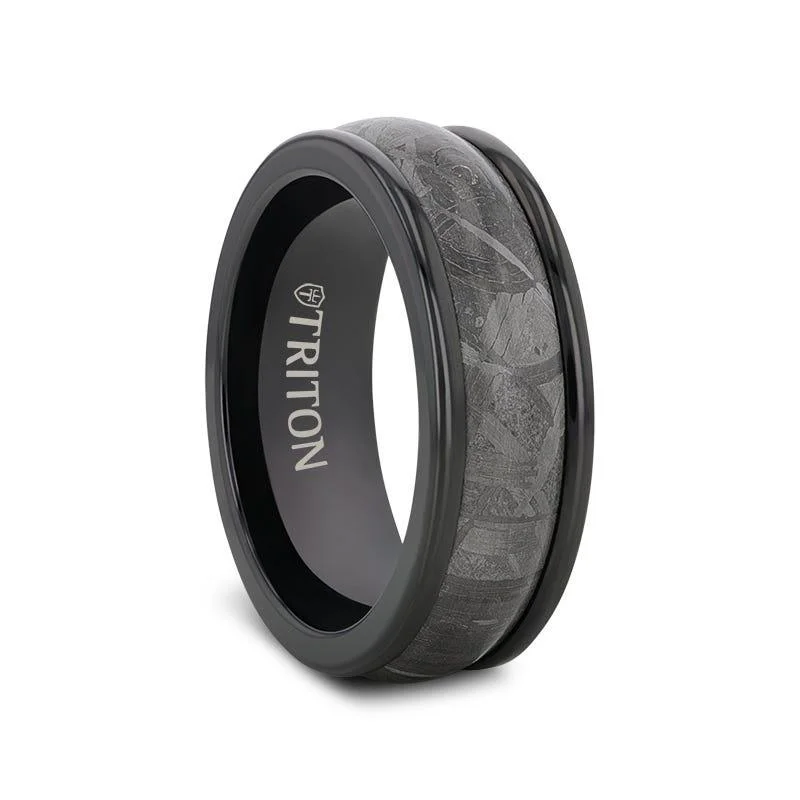 women’s wedding engagement rings-DOUGIE Round Edge Meteorite Insert Black Tungsten Wedding Band - 8mm