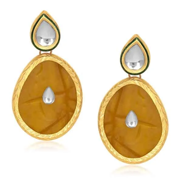 women’s yellow gold earrings-Kriaa Kundan Gold Plated Brown Dangler Earrings