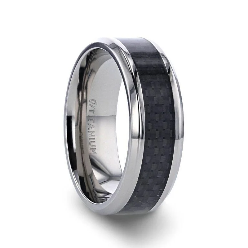 women’s stackable engagement rings-COLOSSEUM Black Carbon Fiber Inlay Titanium Wedding Band - 8mm