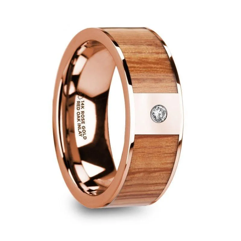 women’s artistic engagement rings-MARINOS Polished 14k Rose Gold Men’s Wedding Band with Red Oak Wood Inlay & Diamond Accent - 8mm