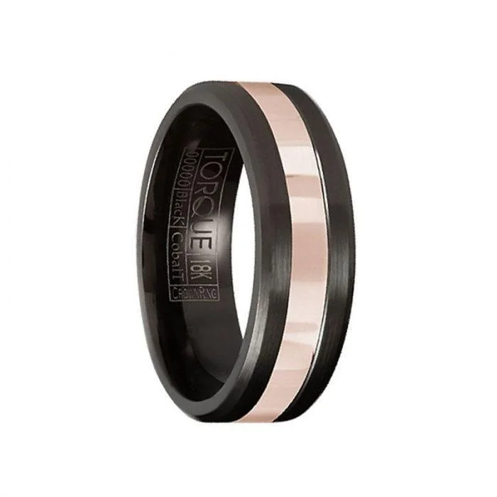 women’s two-tone engagement rings-Brushed Black Cobalt Men’s Wedding Band with Polished 14k Rose Gold Inlay - 7.5mm