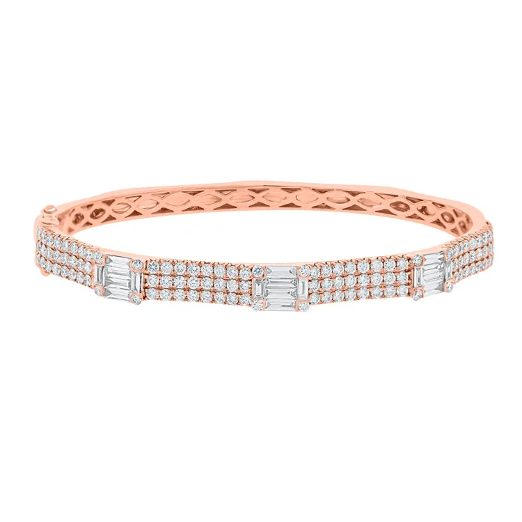 women’s handwoven bracelet-14K Rose Gold Round Diamond and Baguette Diamond Bangle