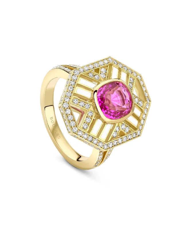 women’s bold ring-Fifth Avenue Cushion Pink Sapphire Yellow Gold Ring