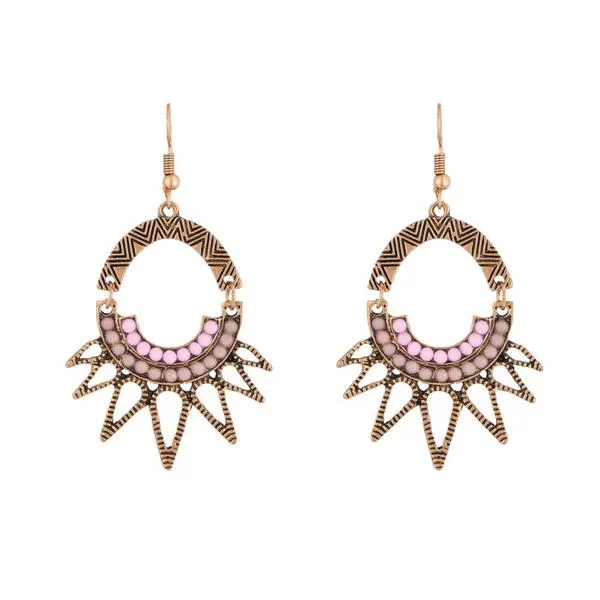 women’s gemstone earrings-Urthn Pink Resin Stone Antique Gold Plated Dangler Earrings - 1311806D