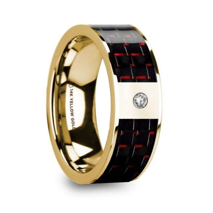 women’s diamond engagement rings-CHRISTOS Polished 14k Yellow Gold & Diamond Center Wedding Band with Black & Red Carbon Fiber Inlay - 8mm