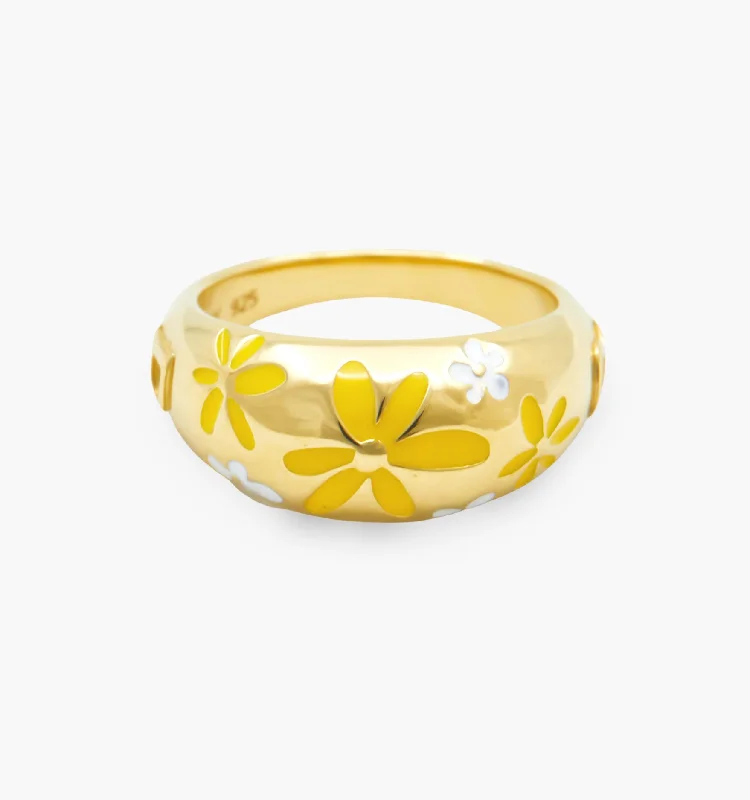 women’s pearl ring-Flower Ring - Yellow