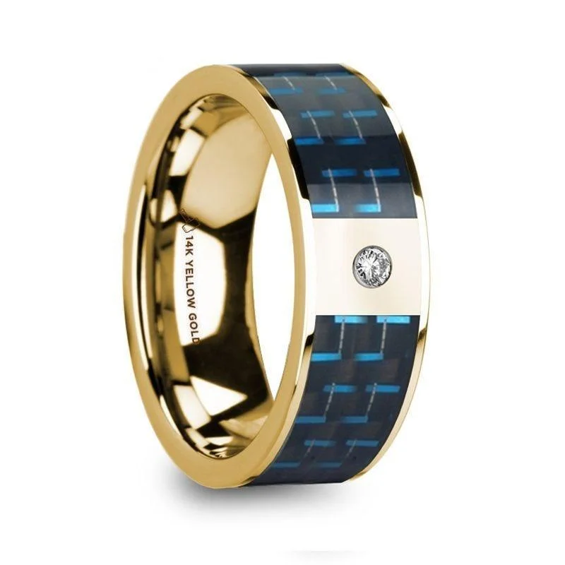 women’s engagement rings-CLETUS Polished 14k Yellow Gold & Black/Blue Carbon Fiber Men’s Wedding Band with Diamond - 8mm