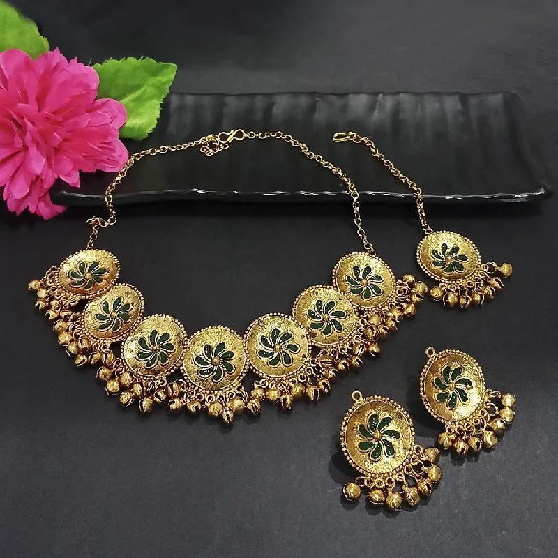 women’s bar necklace-Kriaa Gold Plated Green Meenakari Necklace Set With Maang Tikka - 1116020D