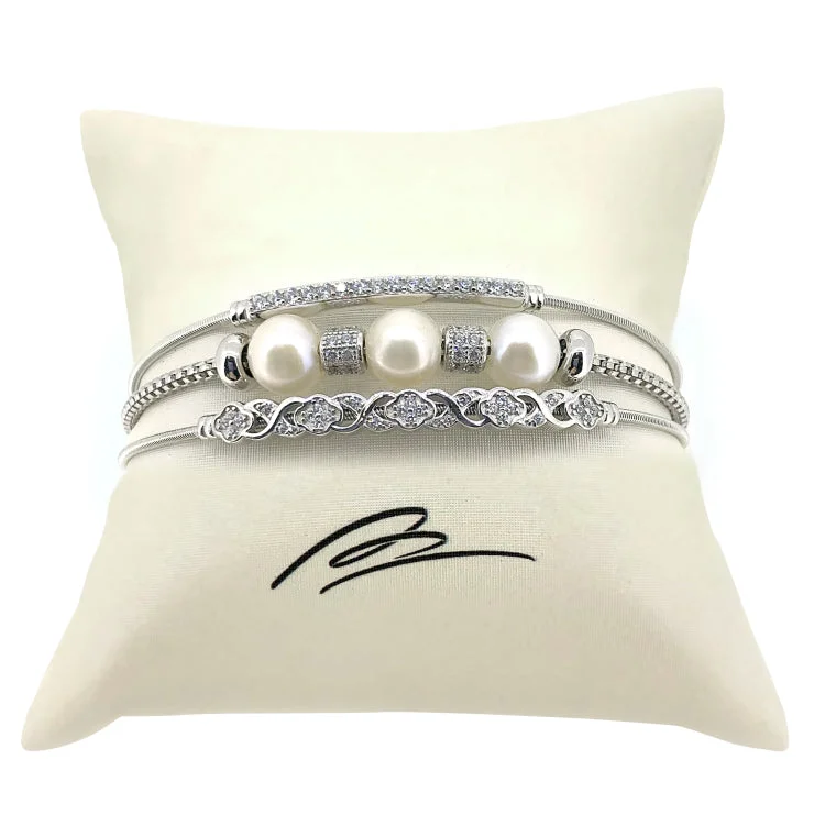 women’s pearl and gold bracelet-Silver Pearl Stack