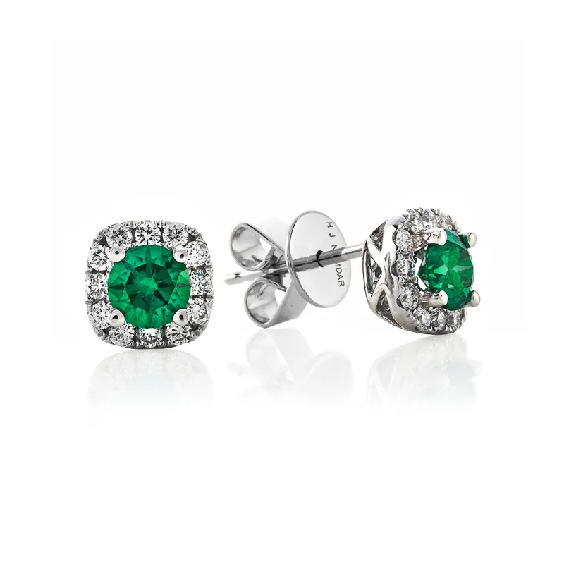 women’s emerald earrings-Emerald & Diamond Halo Stud Earrings