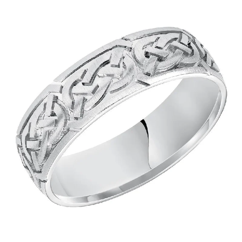 women’s unique engagement rings-14k White Gold Engraved Celtic Knot Pattern Men’s Wedding Band With Satin Finish - 6.5mm - 8.5mm