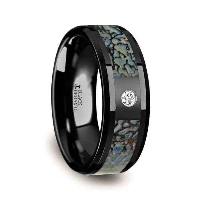 women’s art deco engagement rings-Blue Dinosaur Bone Inlaid Black Ceramic Diamond Wedding Band with Beveled Edges - 8mm