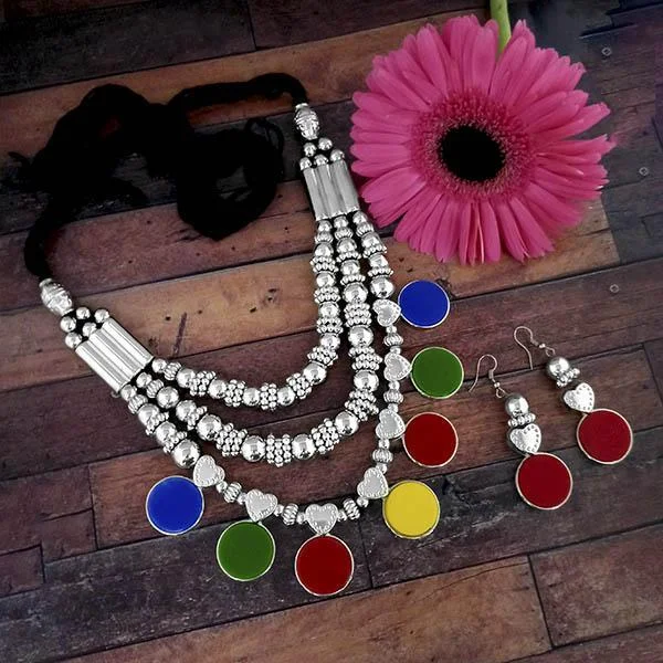 women’s halo necklace-Jeweljunk Oxidised Plated Multicolor Three Layer Necklace Set - 1114607