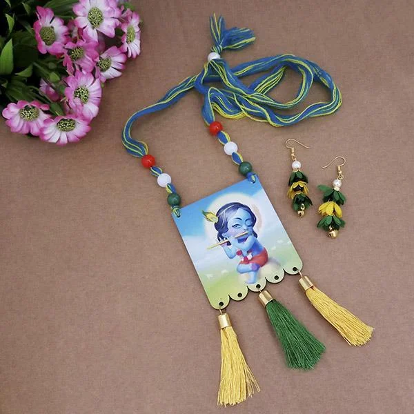 women’s retro style necklace-Urthn Lord Krishna Digital Printed Wooden Thread Necklace Set - 1114141