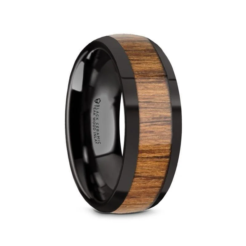 women’s custom halo engagement rings-TULIAN Black Ceramic Polished Edges Men’s Domed Wedding Band with Teak Wood Inlay - 8mm