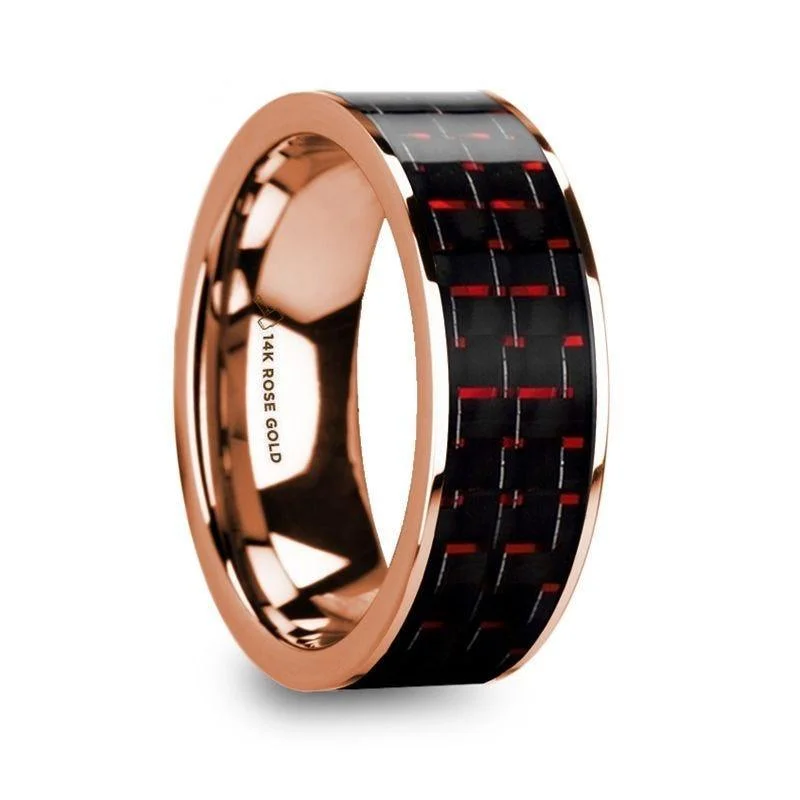 women’s luxury platinum engagement rings-KRISTOS Men’s 14k Rose Gold Flat Wedding Band with Black & Red Carbon Fiber - 8mm